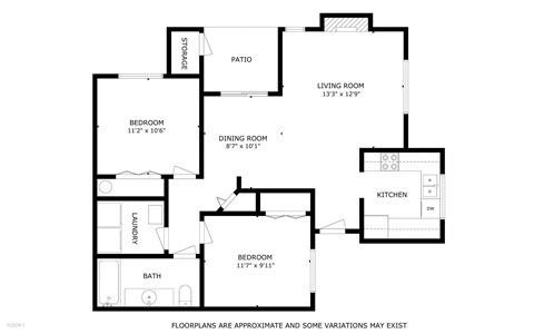 Floor plan for 2 beds, 1 bath, 958 sqft